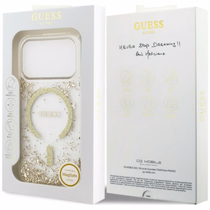 Guess Resin Bottom Glitter MagSafe maciņš, paredzēts iPhone 18 Pro / 17 Pro, zeltains