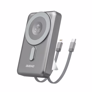 Dudao K29 10000mAh PD 20W MagSafe внешний аккумулятор в металлическом корпусе, с подставкой и встроенными кабелями USB-C/Lightning - Серый