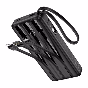 Portatīvais lādētājs Hoco 10000 mAh 2A ar četriem iebūvētiem kabeļiem USB A + USB C + Lightning + Micro USB J146 melns