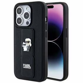 Karl Lagerfeld Gripstand Saffiano Karl&Choupette Pins viedtālruņa apvalks iPhone 14 Pro - melns