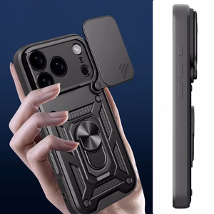 Hibrīda bruņu Camshield viedtālruņa apvalks iPhone 17 Pro ar statīvu un kameras vāciņu - melns