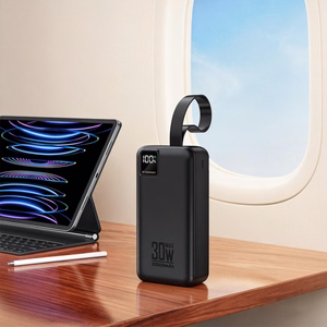 Wozinsky W8-W 30000 mAh 30W ārējais akumulators, 2x USB-A, USB-C, ar lukturīti, melns
