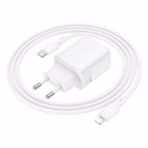 Borofone sienas lādētājs BN27 Fuente - USB + Type C - QC 3.0 PD 20W ar Type C uz Lightning kabeli balts