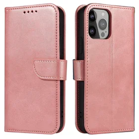 Magnet Case elegants grāmatas tipa apvalks ar statīvu iPhone 13 Pro Max rozā