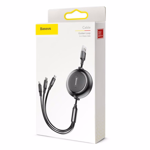 Baseus kabelis 3in1 Golden Loop izvelkams USB - micro USB + Lightning + USB-C 1,2m 3,5A melns