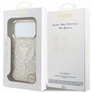 Guess IML Leopard Glitter Triangle Logo MagSafe maciņš modelim iPhone 17 Pro Max / 18 Pro Max – krāsa: rozā