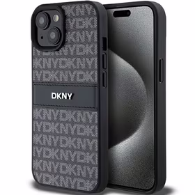 DKNY Ādas mono svītra un metāla logotips viedtālruņa apvalks iPhone 15/14/13 - melns