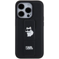 Karl Lagerfeld Gripstand Saffiano Choupette Pins viedtālruņa apvalks iPhone 15 Pro Max - melns