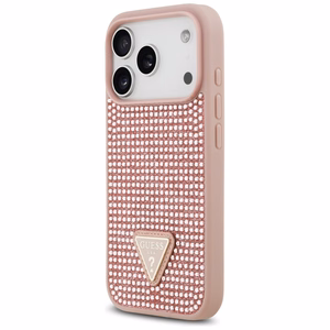 Guess viedtālruņa apvalks iPhone 17 Pro ar krištolisku trikampja logotipu - rozā