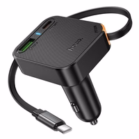 Automobiļa lādētājs Hoco ar ievilkamu kabeli 2 x USB C + USB A QC PD 65W NZ18 melns
