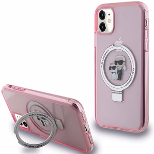 Karl Lagerfeld Magnētiskais viedtālruņa apvalks ar gredzena statīvu Karl&Choupette MagSafe iPhone 11 / Xr - rozā