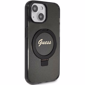 Guess viedtālruņa apvalks ar statīvu Ring Stand Script Glitter magnētiskais iPhone 15 Plus / 14 Plus - melns