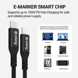 Crong Soft Link USB-C–USB-C kabelis, 1,2 m, 100 W PD, 5 A, melns
