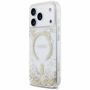Guess Resin Bottom Glitter MagSafe maciņš, paredzēts iPhone 18 Pro / 17 Pro, zeltains