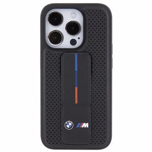 BMW ar statīvu gluds un perforēts viedtālruņa apvalks iPhone 15 Pro - melns