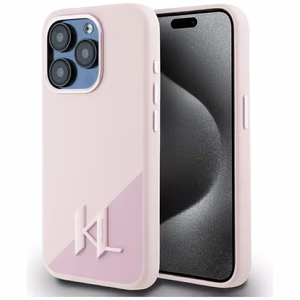 Karl Lagerfeld silikona Magnētiskais viedtālruņa apvalks ar metāla iniciāļu ēnas detaļām iPhone 15 Pro, rozā