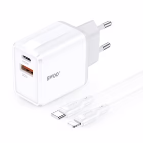BWOO sienas lādētājs CDA182 QC 38W 1x USB-A + 1x USB-C ar USB-C C-Lightning kabeli 1 m melns