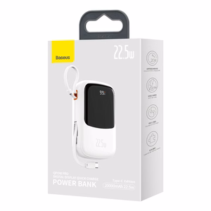 Baseus Qpow ar digitālo indikatoru portatīvais lādētājs ar ātru uzlādi 20000mAh 22.5W QC/PD/SCP/FCP ar iebūvētu USB-C kabeli balta