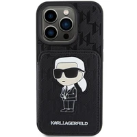 Karl Lagerfeld Saffiano karšu slotiņas un statīvs monogramma Ikonik plāksteris apvalks iPhone 15 Pro - melns