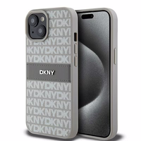 DKNY Ādas mono svītra un metāla logotips viedtālruņa apvalks iPhone 15 Plus / 14 Plus - bēšs