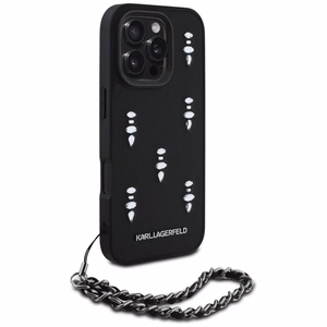 Karl Lagerfeld Saffiano Crystals ar ķēdi viedtālruņa apvalks iPhone 16 Pro - melns