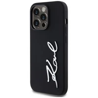Karl Lagerfeld Silikona Metal Script Logo viedtālruņa apvalks iPhone 14 Pro melns