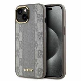 DKNY Ādas rūtainais mono raksts Magnētiskais viedtālruņa apvalks iPhone 14 - bēša