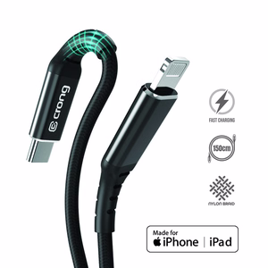 Crong Armor Link MFi USB-C–Lightning kabelis, 1.5 m, 3 A, melns