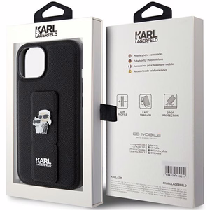 Karl Lagerfeld Gripstand Saffiano Karl&Choupette Pins viedtālruņa apvalks iPhone 15 - melns