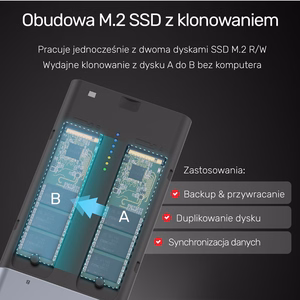 UNITEK S1206A SolidForce USB-C – PCIe/NVMe M.2 SSD, 10 Gbps, dubults ielādes nodalījums ar klonēšanas funkciju