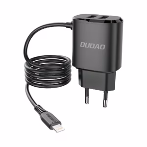 Dudao lādētājs ar 2 x USB pieslēgvietām un iebūvētu 12 W Lightning kabeli – melns (A2ProL)