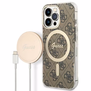 Komplekts Guess GUBPP13LH4EACSW vāciņš + lādētājs iPhone 13 Pro brūns cietais vāciņš ar 4G rakstu Magnētiskais