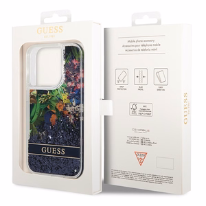 Guess GUHCP14LLFLSB iPhone 14 Pro 6.1 zils / zils kietais viedtālruņa apvalks Flower Liquid Glitter