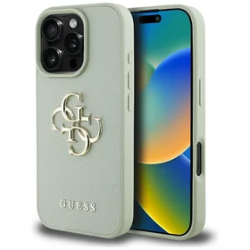 Guess graudainās ādas mazais klasiskās sērijas vāciņš ar lielu 4G logotipu iPhone 16 Pro - zaļš