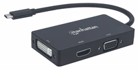 Manhattan USB-C Dock/Hub, Ports (x3): DVI-I, HDMI and VGA Ports, Note: Only One Port can be used at a time, External Power Supply Not Needed, Universal for all devices, Cable 10cm, melns, Three Year Warranty
