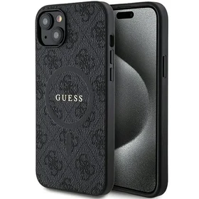 Guess 4G kolekcija ādas metāla logotips Magnētiskais apvalks iPhone 14/15/13 - melns
