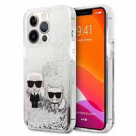 Karl Lagerfeld Šķidrie spīdumi Karl&Choupette viedtālruņa apvalks iPhone 13 Pro Max 6.7" - sudraba