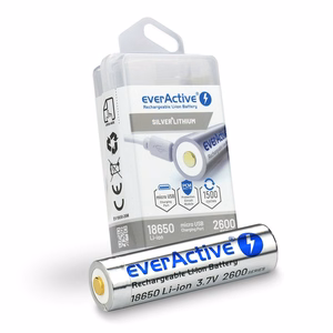 everActive 18650 3,7V Li-ion 2600 mAh baterija ar micro USB uzlādi un aizsardzību, kaste