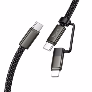 Plakans kabelis USB C uz USB C/iP 2in1 Hoco 3A 60W 1 m X125 melns