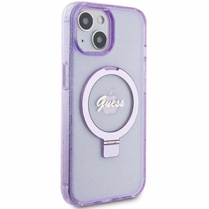 Guess viedtālruņa apvalks ar statīvu Ring Stand Script Glitter magnētiskais iPhone 15 Plus / 14 Plus - violets