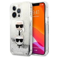 Karl Lagerfeld Šķidrs Glitter Karl&Choupette Galvas viedtālruņa apvalks iPhone 13 Pro / iPhone 13 - sudraba