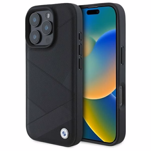 BMW zīmes ādas krustojošo līniju raksts iPhone 16 Pro Max viedtālruņa apvalks - melns