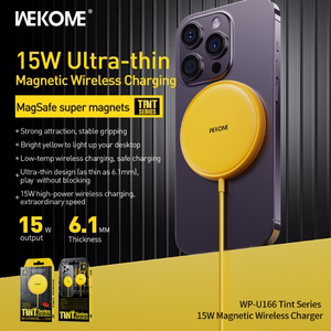 WEKOME WP-U166 Tint Series Qi bezvadu lādētājs ar integrētu USB-C kabeli, saderīgs ar MagSafe, 15 W, dzeltens
