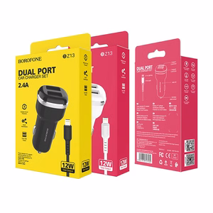 Borofone BZ13 Extreme automašīnas lādētājs ar 2 USB-A pieslēgvietām, 12 W, ar Lightning kabeli, melns