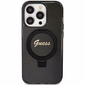 Guess viedtālruņa apvalks ar statīvu Ring Stand Script Glitter magnētiskais iPhone 15 Pro - melns
