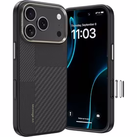 Benks Montage magnētiskais Armor Pro Kevlar viedtālruņa apvalks ar metāla rāmi 600D+1500D (MA70) Iphone 17 Pro Max melns (ar kameras vadības pogu)