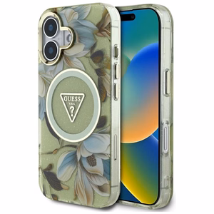 Guess Glitter Flowers Triangle Buttons Magnētiskais viedtālruņa apvalks iPhone 16 - zaļš