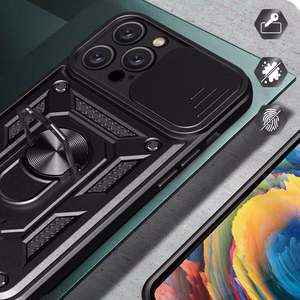 Hybrid Armor Camshield viedtālruņa apvalks iPhone 16 Pro ar kameras vāciņu un statīvu - melns