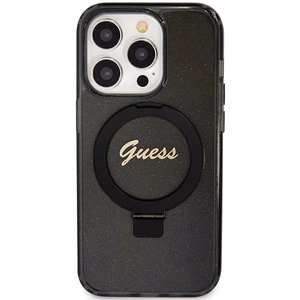 Guess viedtālruņa apvalks ar statīvu Ring Stand Script Glitter magnētiskais iPhone 15 Pro Max - melns
