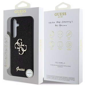 Guess Fixed Glitter Big 4G Metal Logo viedtālruņa apvalks Samsung Galaxy S25 melns